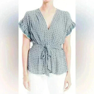 NWT Max Studio Crepe Tie Front Ruffle Sleeve Peasant Kimono Elastic Waist Blouse